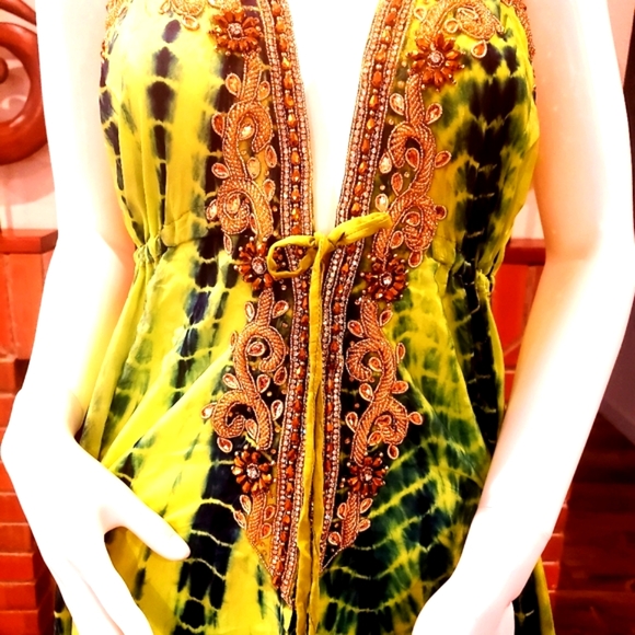 *LAST ONE*MANISH VAID- LIME Grn & Blue TIE Dye SILK Hi-Lo Cry. DRESS-NWT-O/S - Picture 8 of 9